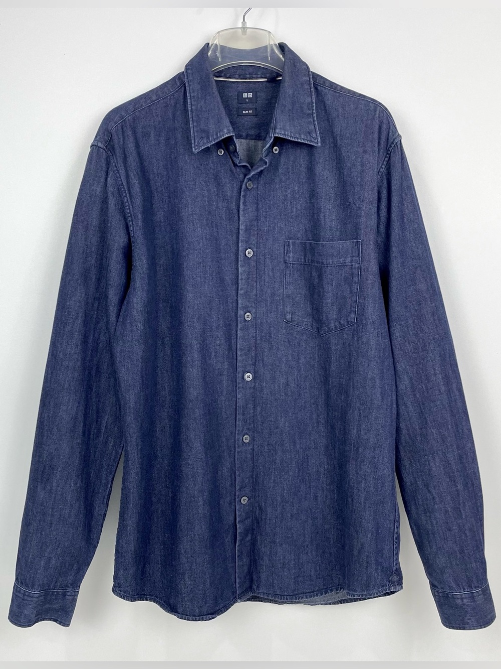 Uniqlo Selvedge Denim Shirt Mens Size Large Blue Slim Fit Button Down Pocket